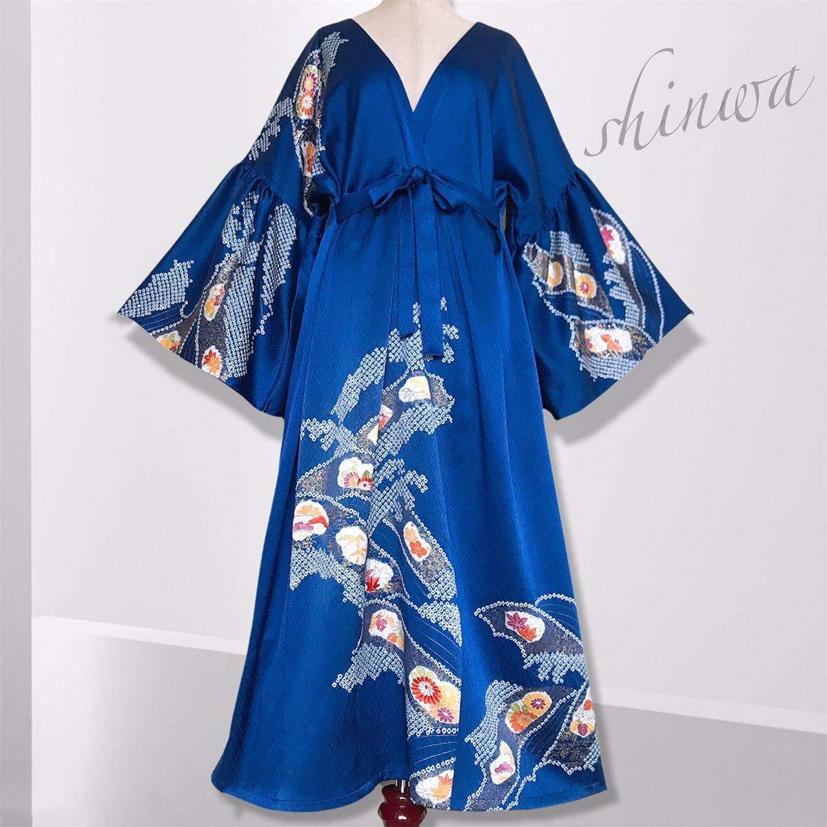 心和】着物リメイク カシュクールワンピース ロング ギャザー 心和】着物リメイク カシュクールワンピース ロング ギャザー