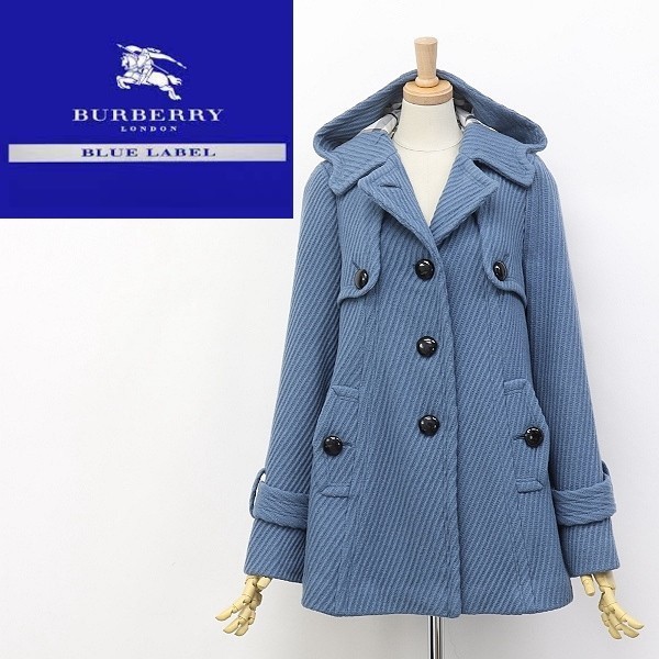 ◆BURBERRY BLUE LABEL/バーバリー ブルーレーベル 裏地チェック柄 ウール フーデッド ハーフ コート 水色 38_画像1