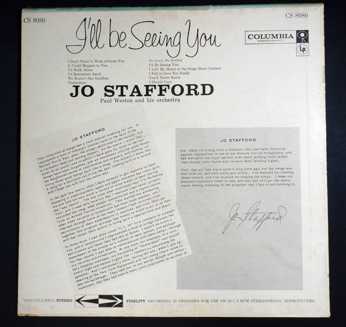 LPレコード『I'LL BE SEEING YOU』 JO STAFFORD/ジョー・スタッフォード/US盤6EYE 深溝/CS8080_画像2