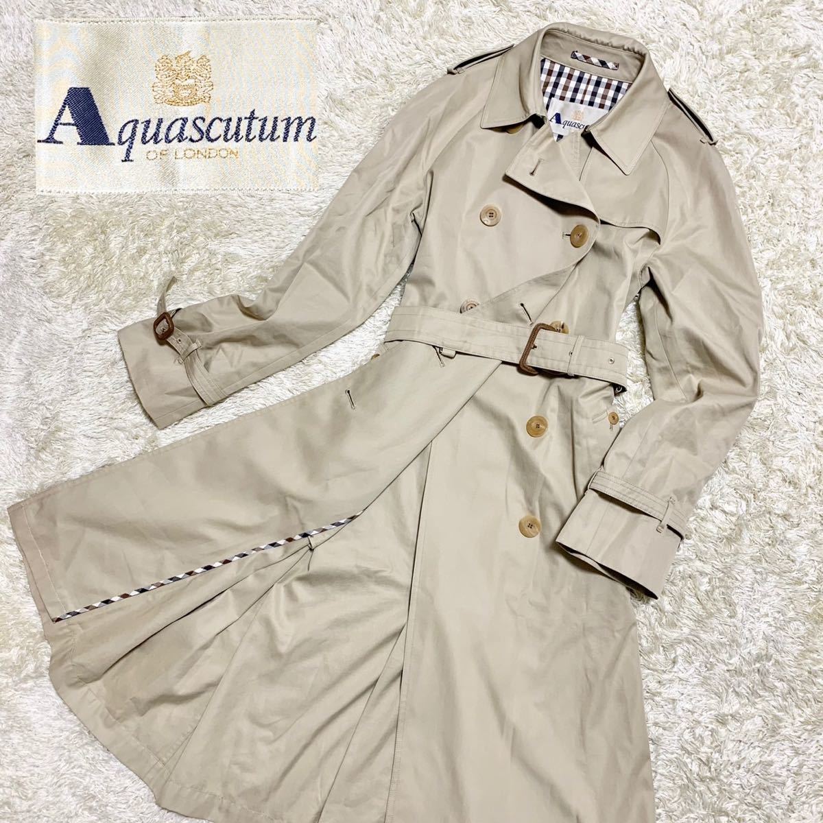 Aquascutum アクアスキュータム トレンチコート 背抜き 裏地チェック柄 ベルト付き パイピング ロゴボタン ベージュ