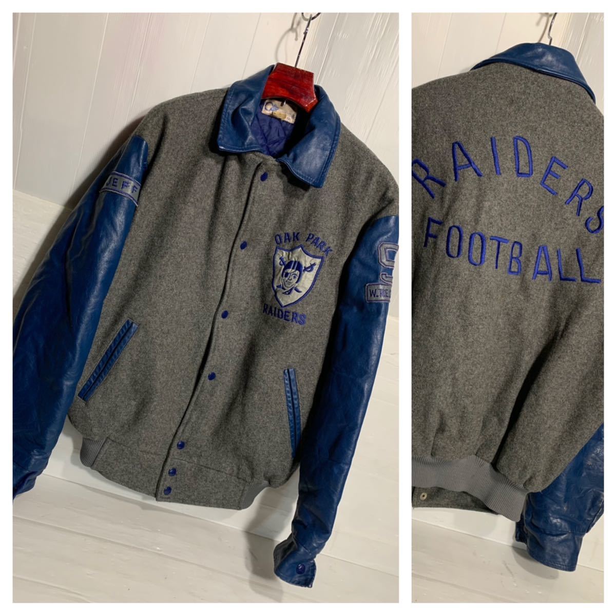 ヴィンテージ CAREER APPAREL 本革レザー RAIDERS レイダース　NFL アメリカンフットボール　フルデコ　カスタムスタジャン　青×グレー