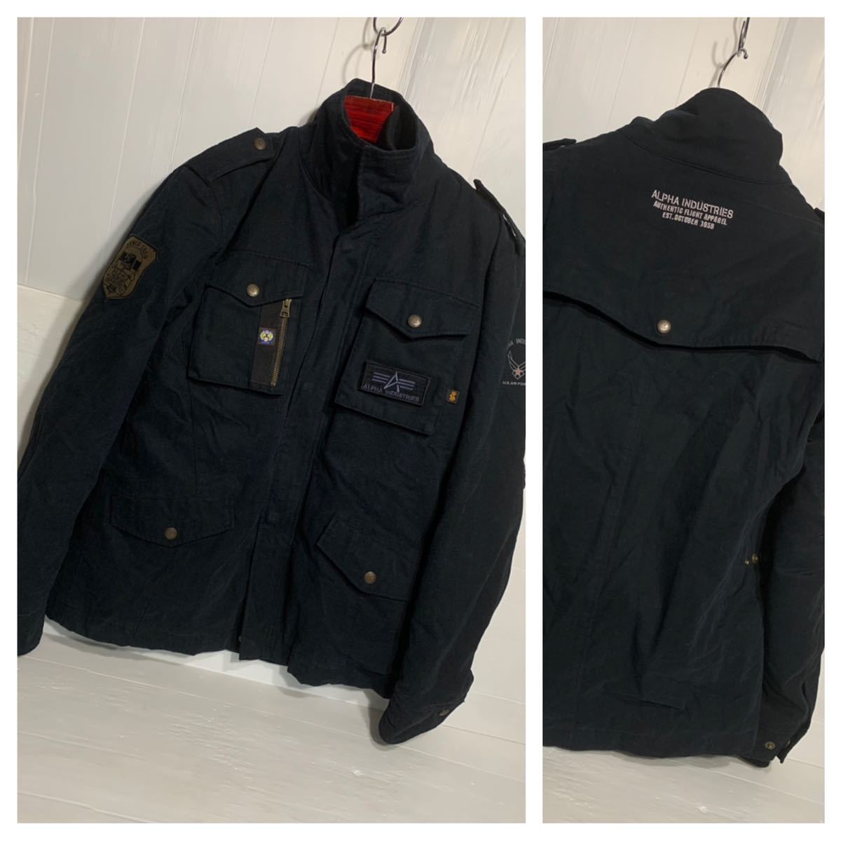 ALPHA INDUSTRIES INC. アルファインダストリーズ 着脱ベスト&胸肩肘背中パット 黒 フィールドジャケット XL バイカーツーリングジャケット