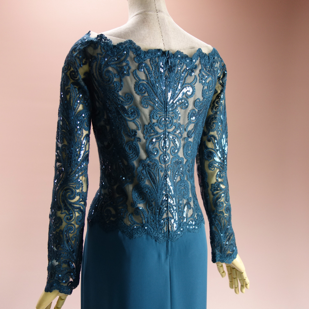 新品 タダシショージ 8/13号 TADASHI SHOJI 青 刺繍 長袖 ロングドレス
