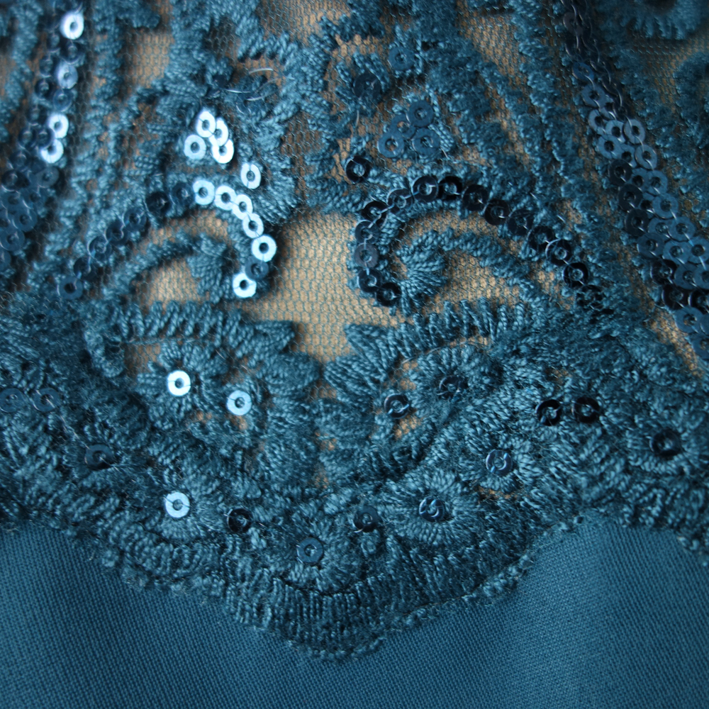 新品 タダシショージ 8/13号 TADASHI SHOJI 青 刺繍 長袖 ロングドレス