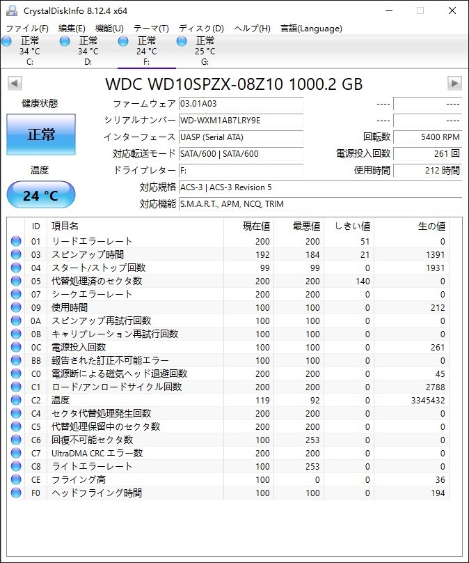 使用時間少 Western Digital WD BLUE 1TB SATA HDD 2.5インチ 7mm