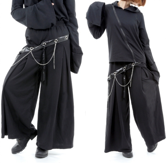 V series pants wide pants gaucho cut chain imitation leather black go Span clock mode gothic Gothic and Lolita stage van Drive Dance 