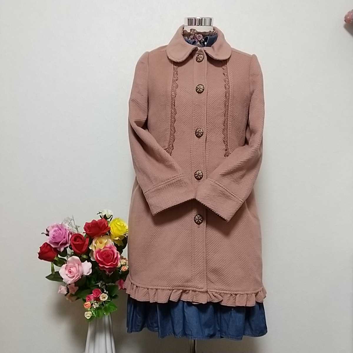( new goods )axesfemme autumn winter thing taking before others price! decoration button race decoration hem frill settled pink. . elegant semi-long coat size M**