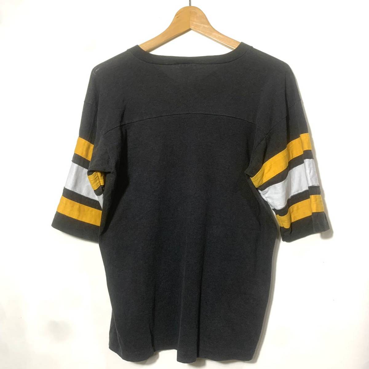 ■ビンテージ USA製 LOGO7 NFL PITTSBURGH STEELERS スティーラーズ Vネック 切り替えしフットボールTシャツ 古着 アメカジ ブラック M■_画像8