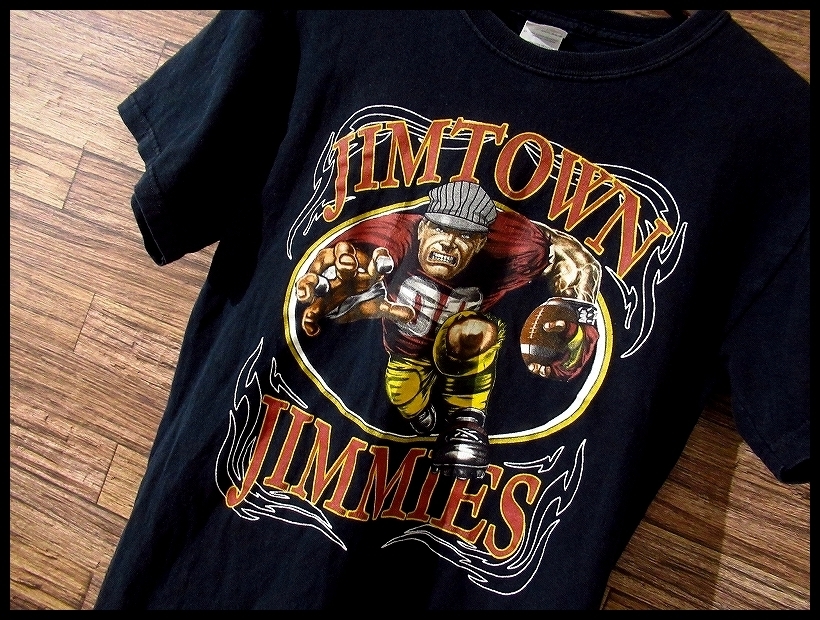 送料無料 G① 90s 00s US 古着 OLD オールド GILDAN ボディ JIMTOWN JIMMIES プリント アメフト ラグビー Tシャツ 黒 M_画像8