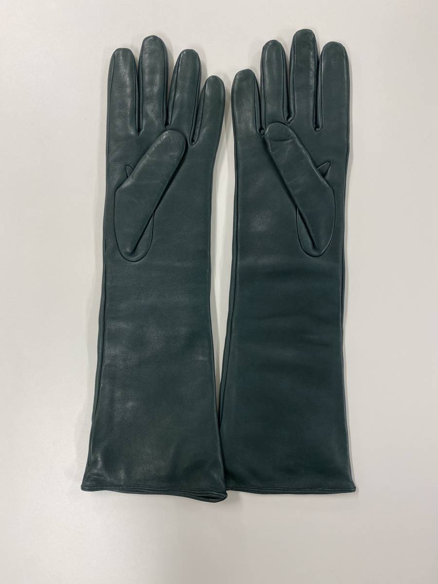 [ beautiful goods ] Moncler lady's leather long glove green group leather gloves size S wool lining MONCLER