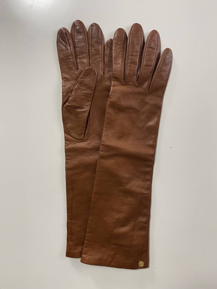 [ beautiful goods ] Tory Burch lady's Brown leather long glove tea color leather gloves silk lining size 7 TORY BURCH