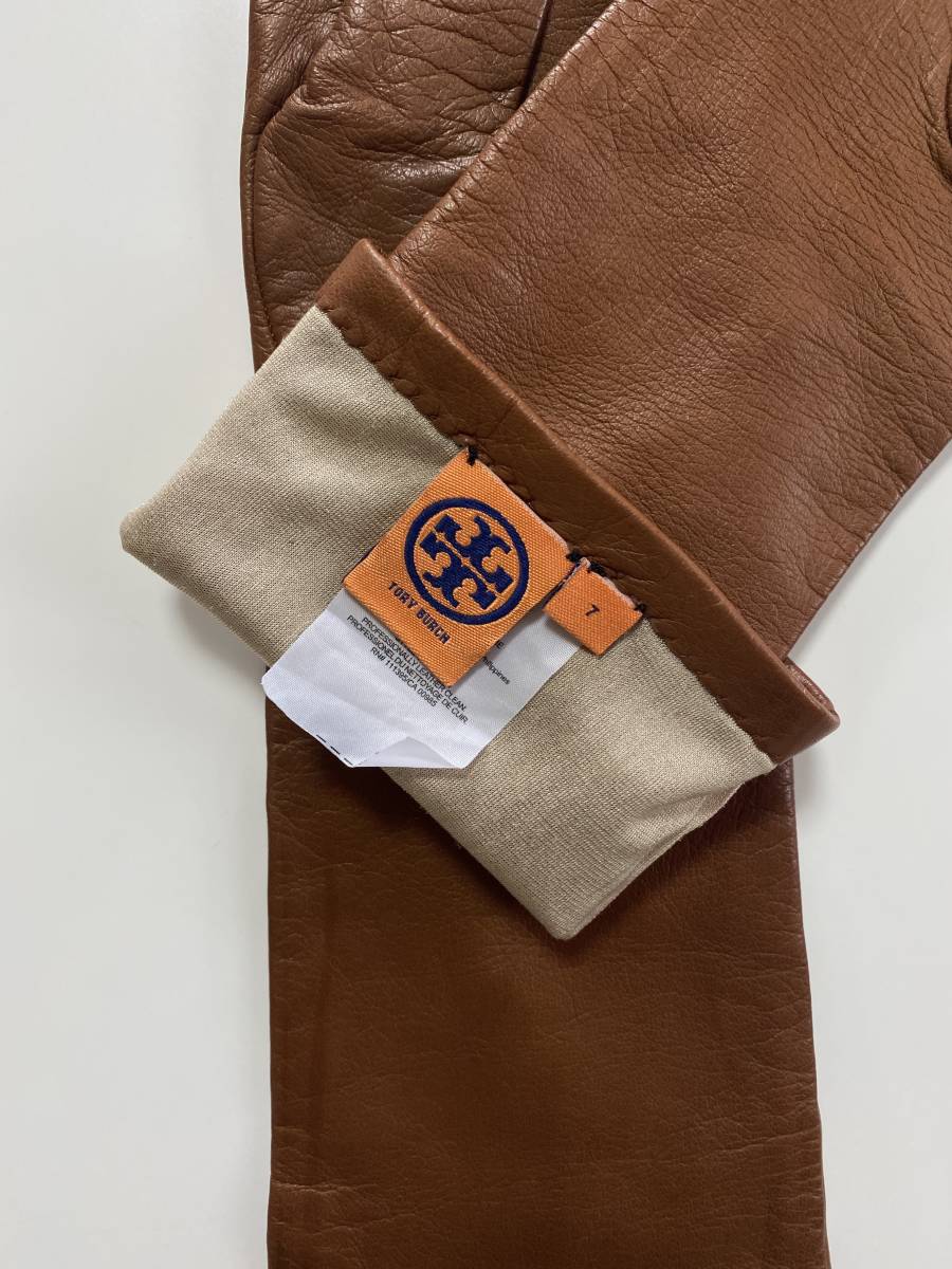 [ beautiful goods ] Tory Burch lady's Brown leather long glove tea color leather gloves silk lining size 7 TORY BURCH