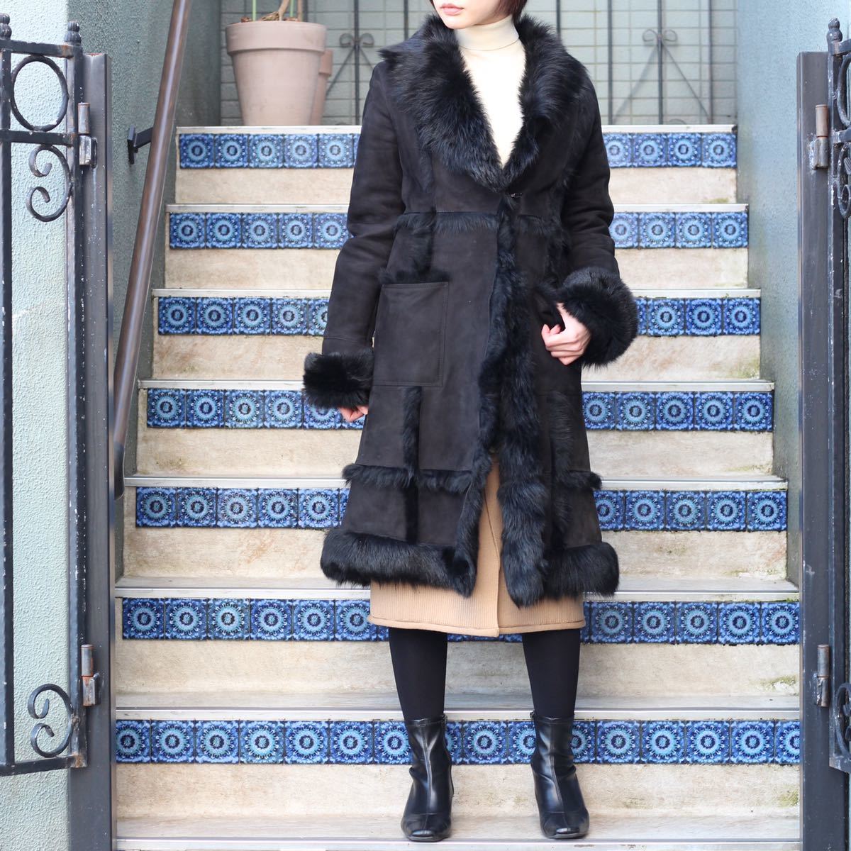 GRACE CONTINENTAL MOUTON BELTED LONG COAT MADE IN  TURKEY/グレースコンチネンタルムートンベルテッドロングコート