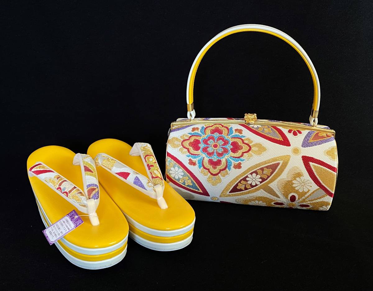 人気新品入荷 ◆草履バッグセット 振袖 帯地 日本製 フリーサイズ 黄色 L寸