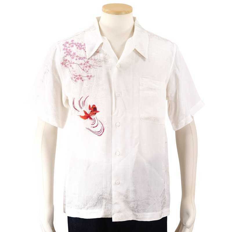 花旅楽団/金魚/刺繍ジャガードシャツ/ホワイト/XL/SS-002/サトリ/アロハシャツ