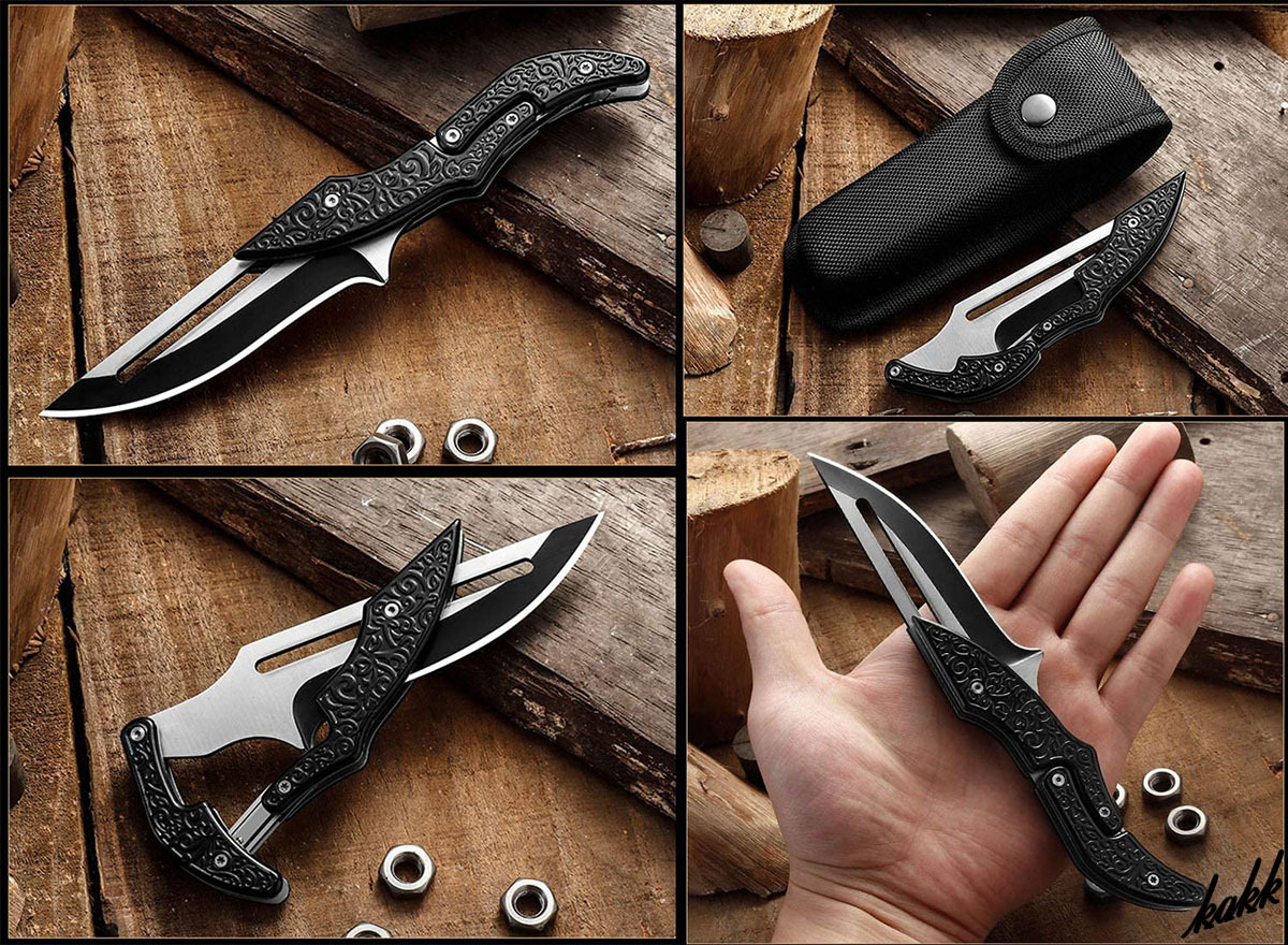 【デザイン性に富んだナイフ】 フォールディングナイフ D2炭素鋼 58HRC キャンプ サバイバル ブラック 折り畳みナイフ アウトドア包丁