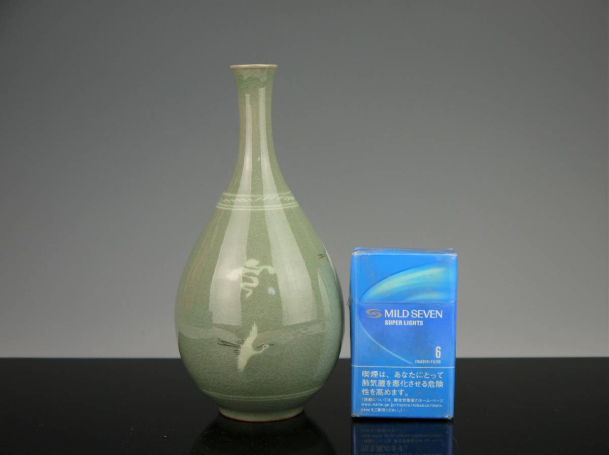 鳳】即決!高麗青磁 「玄) 象嵌雲鶴文酒器 徳利 猪口 x3客 木箱付