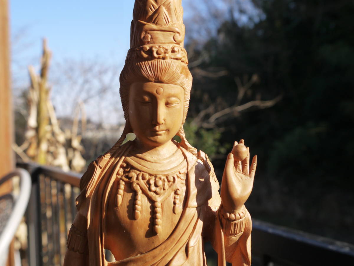 TS仏教美術ツゲ観音菩薩立像木彫仏像精密細工高さ約cm