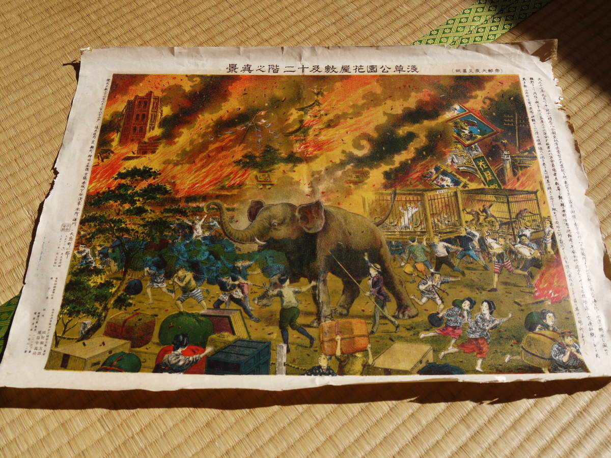 【H11204】大正期 戦前 関東大震災 風景画 印刷「浅草公園花屋敷及十二階の真景」浅草花屋敷の象 暴れ象 古いレア資料 額入り 2