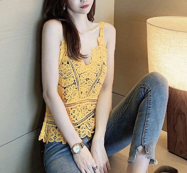 JS FASHION 透かし刺繍レースキャミトップス イエロー|Yahoo JS FASHION 透かし刺繍レースキャミトップス イエロー|Yahoo