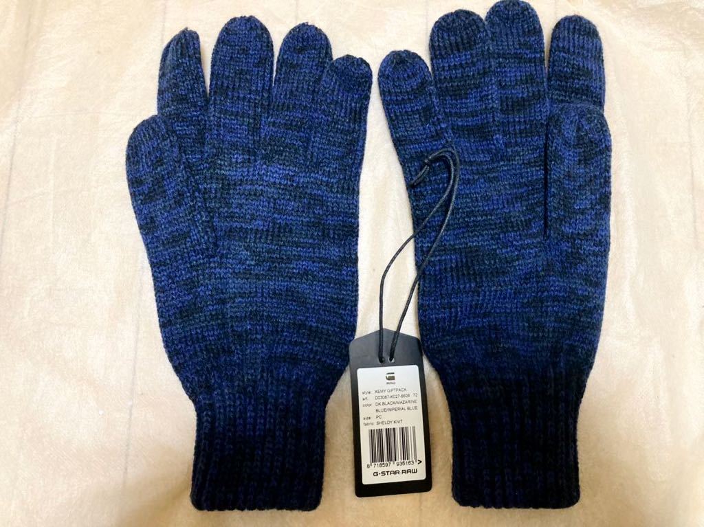  free shipping new goods unused tag attaching beautiful goods G-STAR RAWji- Star low gloves men's KNIT GLOVE knitted glove blue × black 