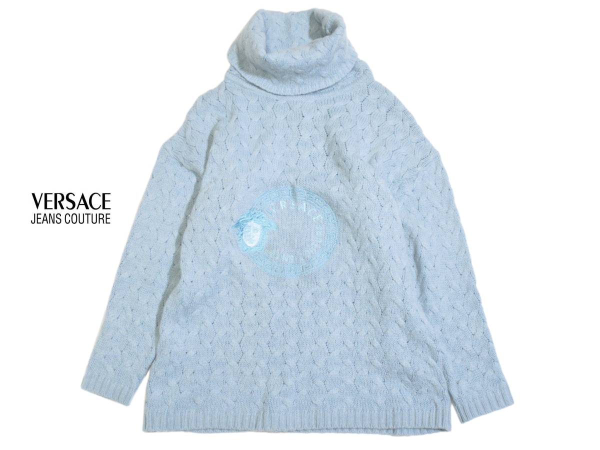  Vintage VERSACE jeans couture Versace mete.-sa embroidery high‐necked cable knitted sweater S