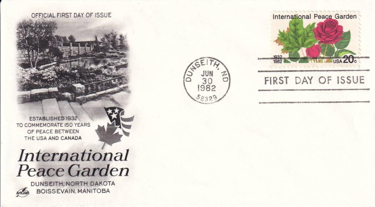 【ＦＤＣ】アメリカ・カナダ友好１５０年、国際平和庭園、バラ（１９８２年）（アメリカ）　t2732_画像1