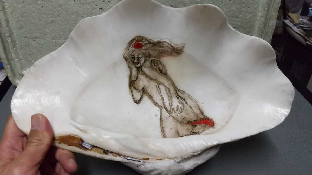 貝殻にヌード画 貝殻画 ヌード 彫り絵 古い 美人画 - 美術品