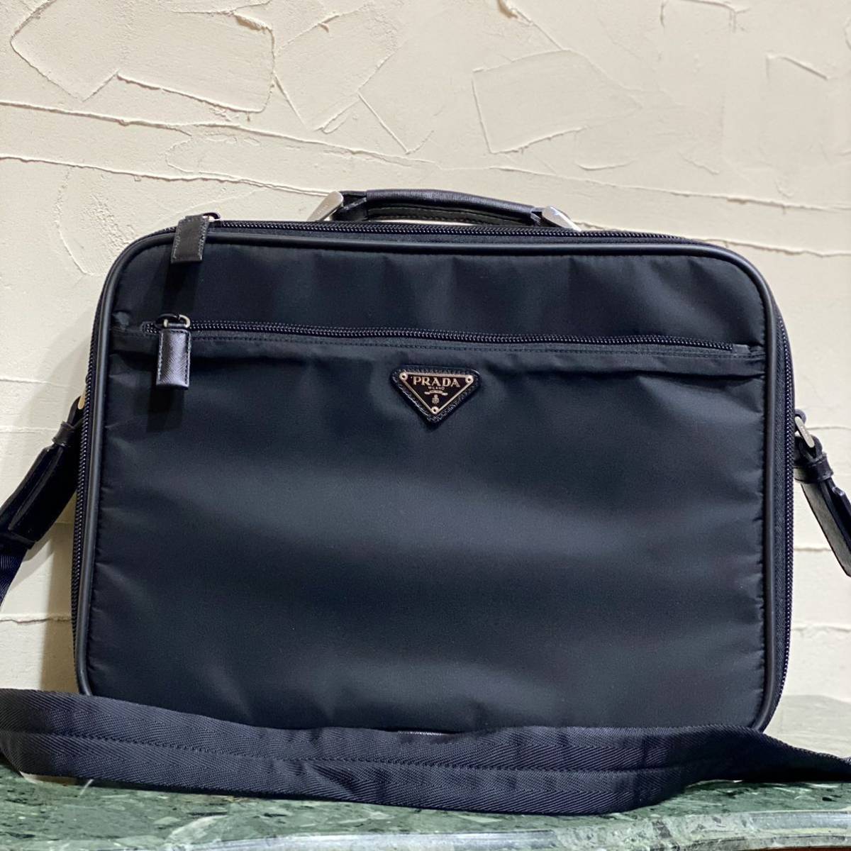  beautiful goods PRADA business bag nylon ×safia-no leather handbag shoulder bag black black triangle Logo plate tessuto diagonal ..