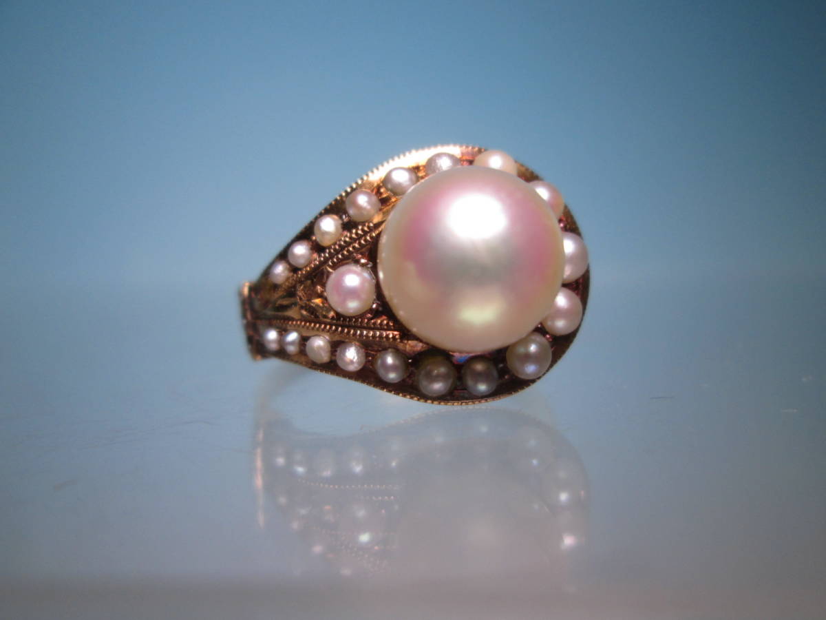 江月】アンティークジュエリー・K18 金彫金細工 清楚な本真珠と