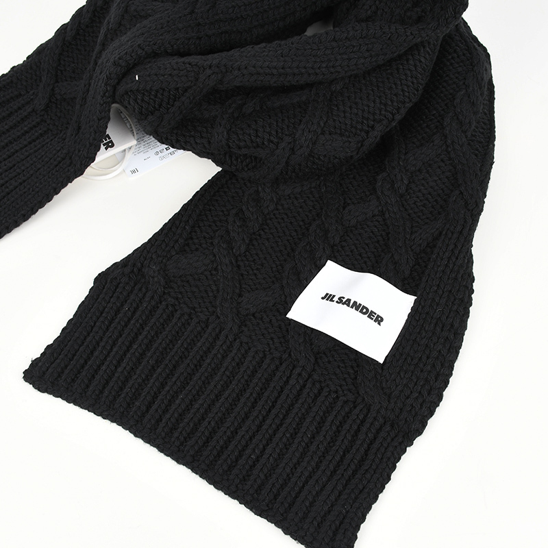 JIL SANDER ジルサンダー 編み込みブラックウールマフラー イタリア