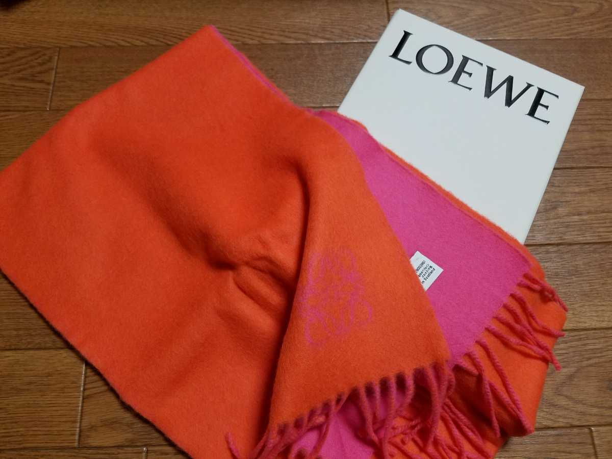 送料無料 LOEWE ロエベ バイカラー リバーシブル マフラー スカーフ ウール&アンゴラ オレンジ&ピンク 新品未使用 箱付_画像1