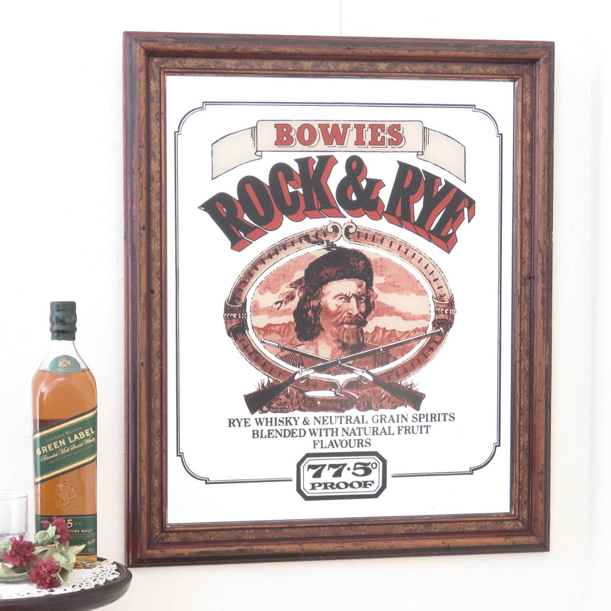 ビンテージパブミラー/BOWIES(ROCK&RYE) RYE WHISKY&NEUTRAL GRAINS PIRITS/壁掛け鏡/店舗什器/ディスプレイ/装飾/インテリア雑貨/A-4450-3_画像1