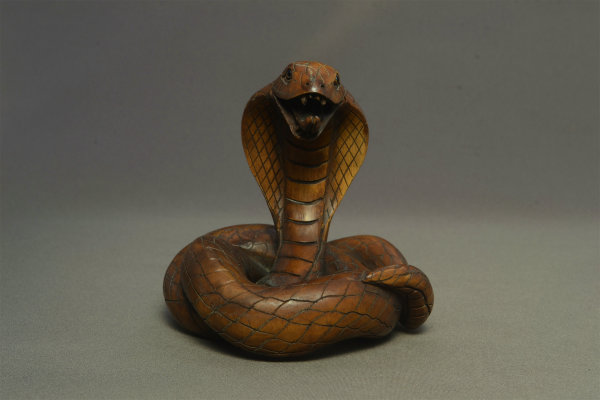柘植 コブラ 彫刻 置き物 インテリア 木製 ヘビ 【d5-5_-】