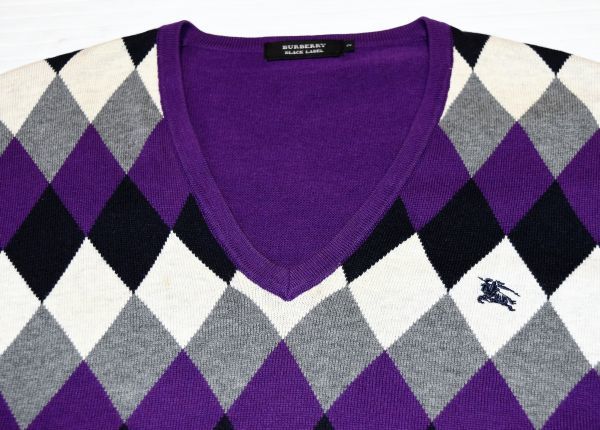 ★バーバリーブラックレーベル★素敵な紫黒グレー白色のアーガイルデザインの Vネックセーター・ニット２・M_画像6