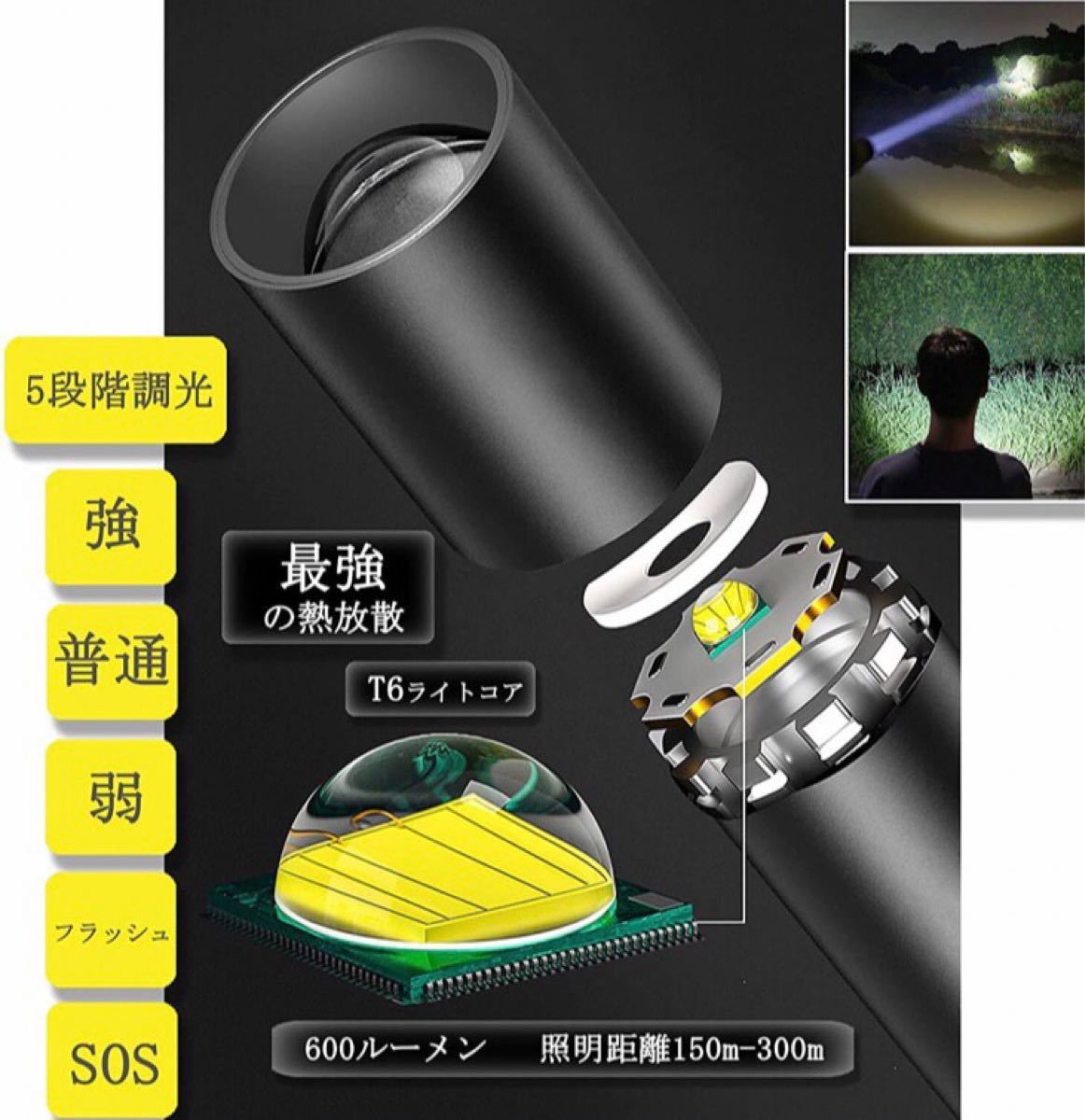 LED懐中電灯 超長点灯時間/2600mAh USB 充電式 超高輝度