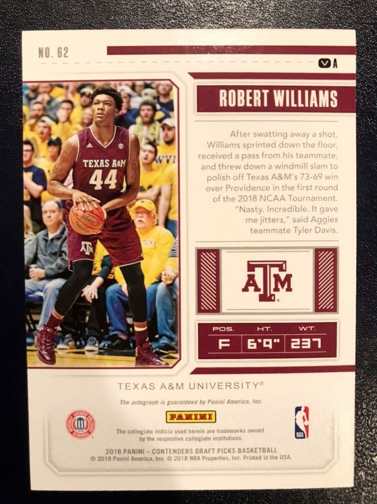 直書 RC Auto 2018 Panini Robert Williams ロバート・ウィリアムス ルーキー サイン NBA Celtics セルティックス バスケ ユニフォーム_画像2