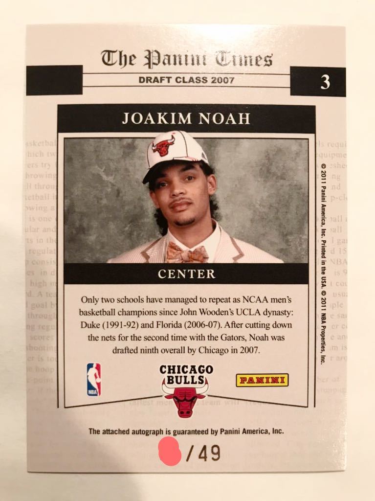 超絶レア名作/49 Auto 2010 Panini Place in History Joakim Noah ジョアキム・ノア NBA 直筆 サイン バスケ Bulls ブルズ All-star 守備王_画像2