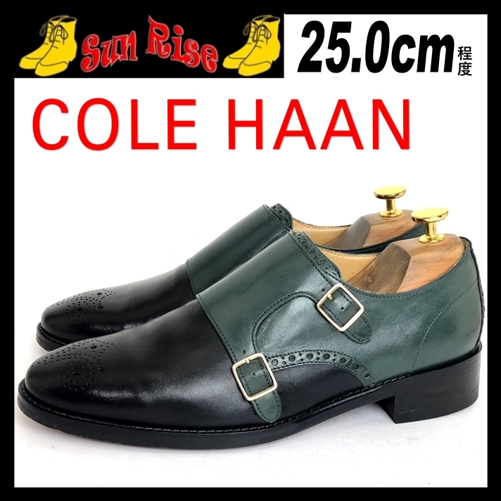即決 COLE HAAN コールハーン メンズ 7.5M 25cm程度 本革 レザー ダブルモンクストラップ 緑/黒 カジュアル ドレスシューズ 革靴  中古