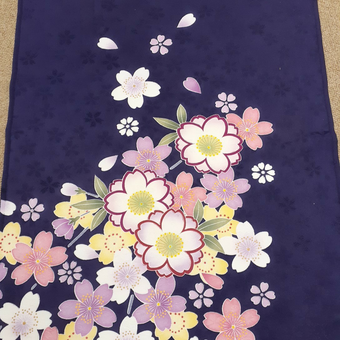 正絹　122404　紺紫色　花柄　桜柄　シルク350cm　はぎれ　ハギレ　リメイク　ハンドメイド