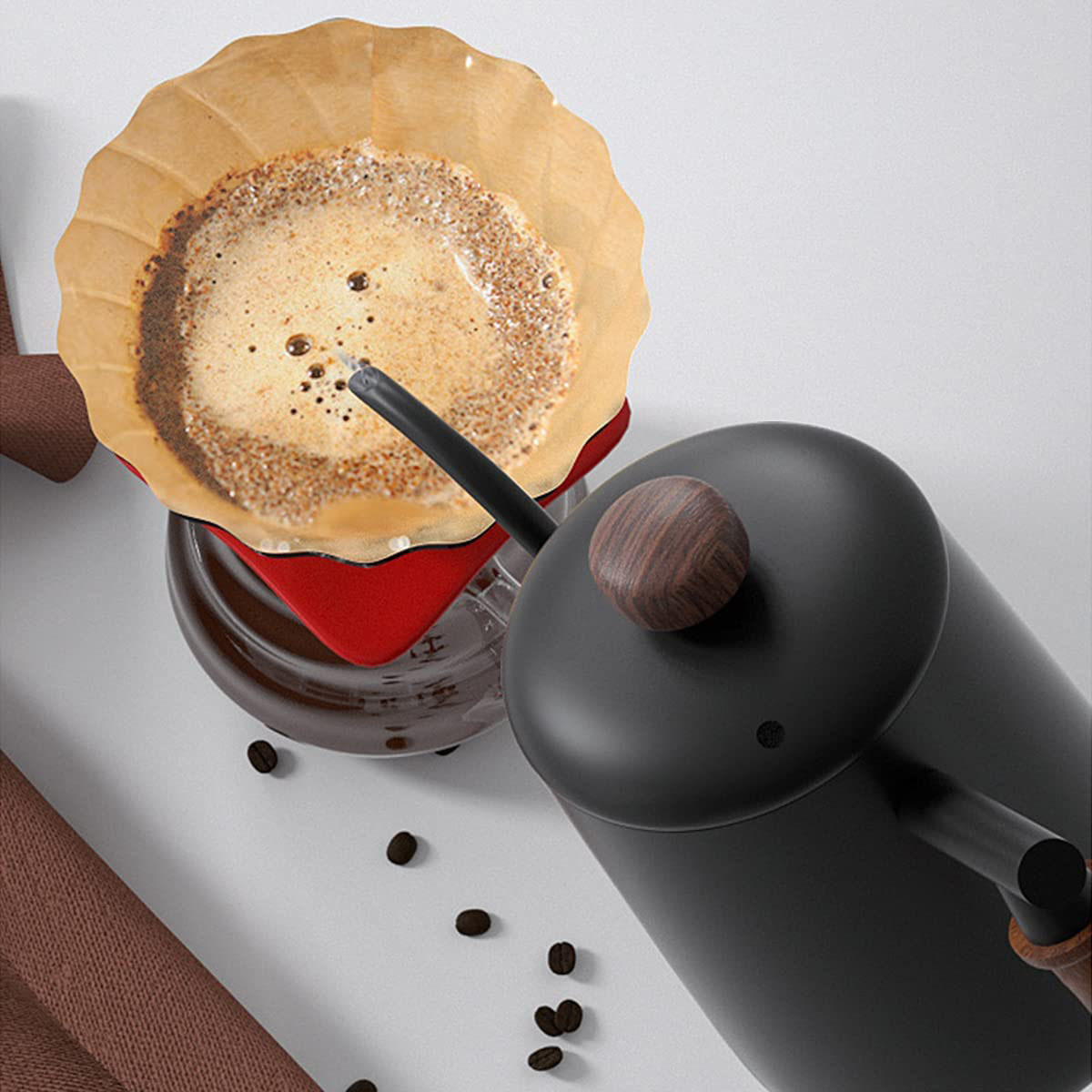 目盛付きドリップポット コーヒーケトル 550ml 蓋付き ステンレス 木製ハンドル 直火可 注ぎやすい細口 おしゃれ シンプル ブラック