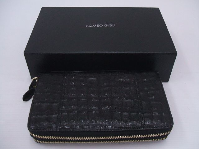 1-0412G∞# ROMEO GIGLI クロコダイル ワニ革 Henglong croco マルチポーチ トラベル 定価50000円 BLACK ロメオジリ 172645_画像1