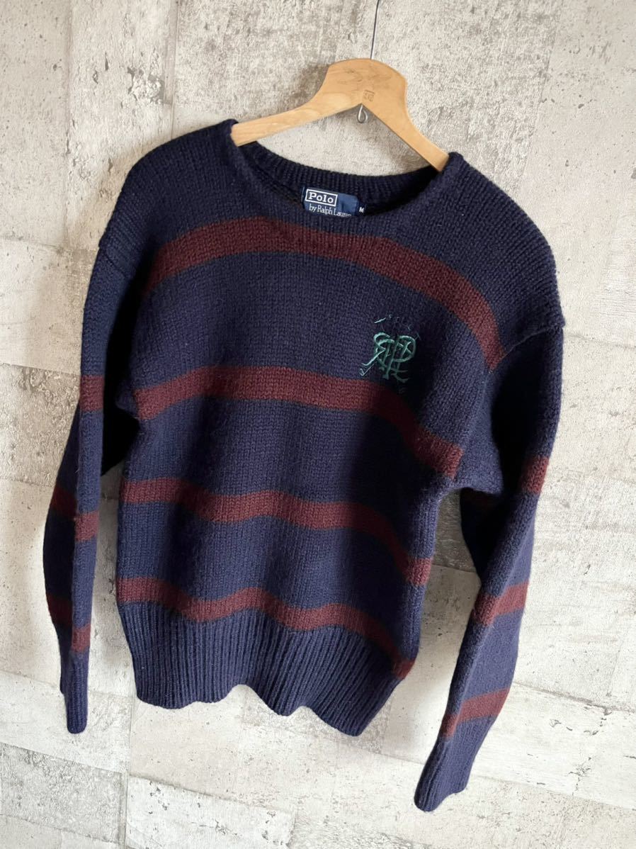 ☆★ 90s RALPH LAUREN LOGO DESIGN BORDER KNIT OLD VINTAGE ラルフローレン ロゴ刺繍 ボーダーニット ナイガイ期 オールド ビンテージ ★_画像3