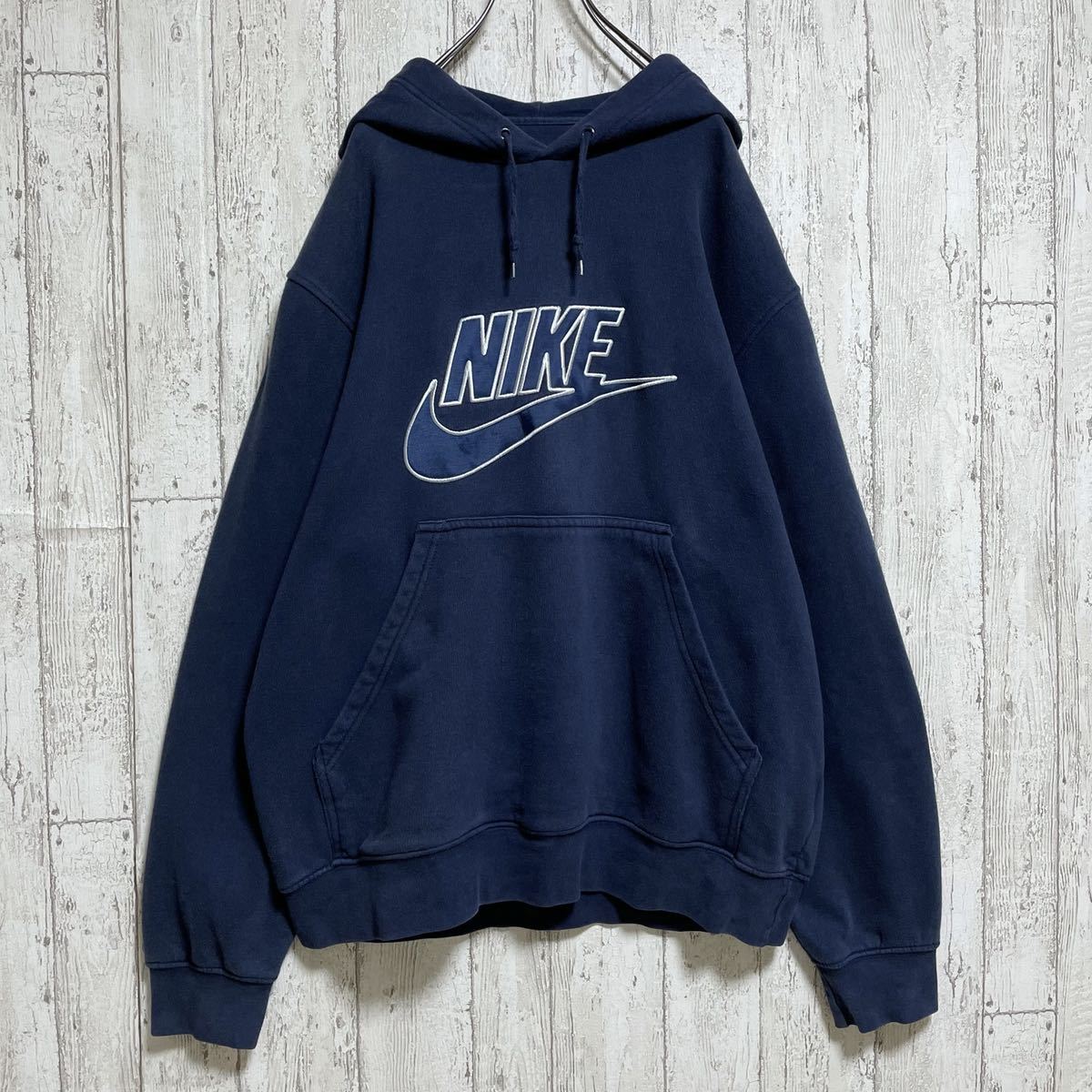 【定番アイテム】ナイキ NIKE スウェットパーカー Mサイズ ネイビー ビッグロゴ 裏起毛 21-226_画像2