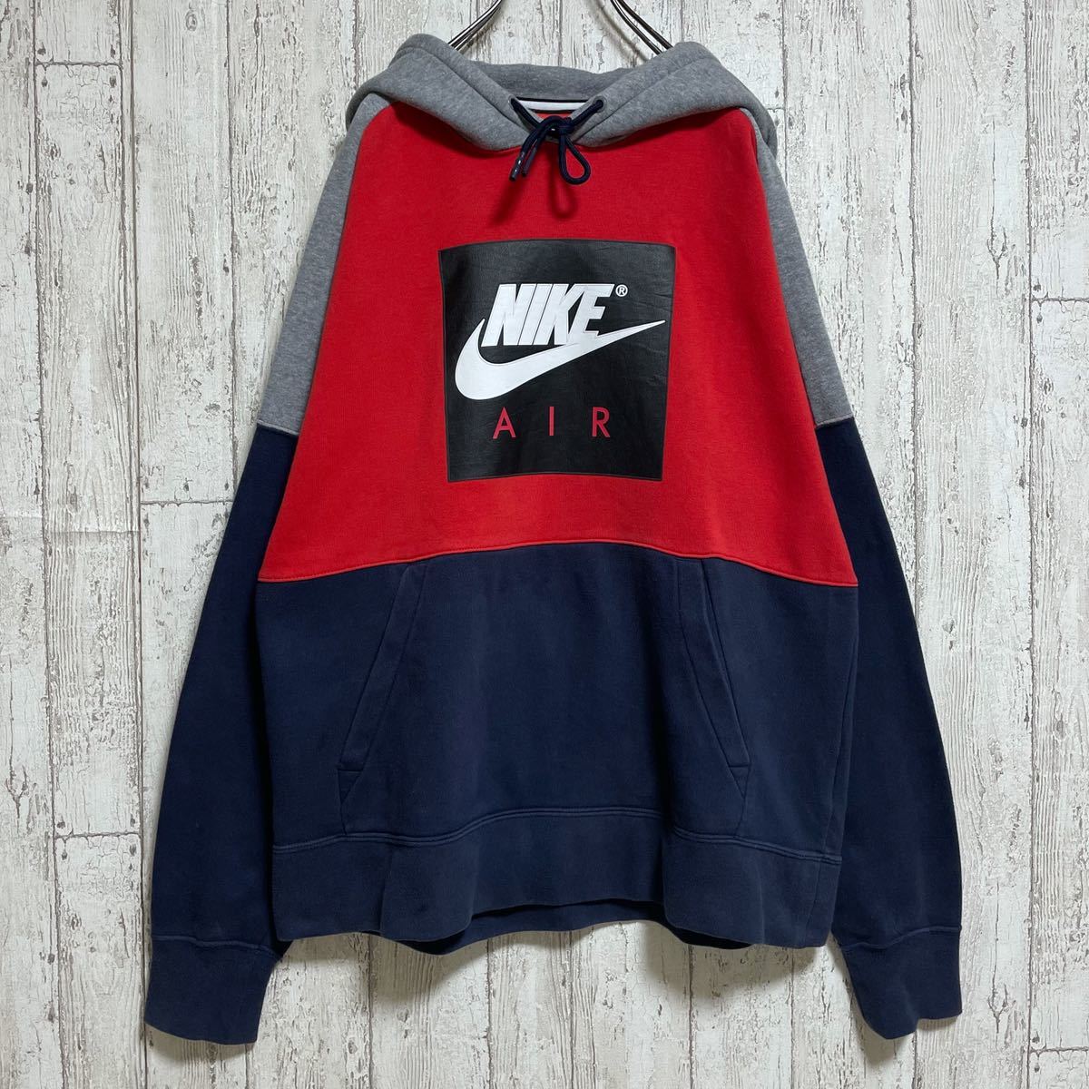 【定番アイテム】ナイキ NIKE スウェットパーカー Mサイズ レッド ネイビー ビッグロゴ 裏起毛 21-227_画像2