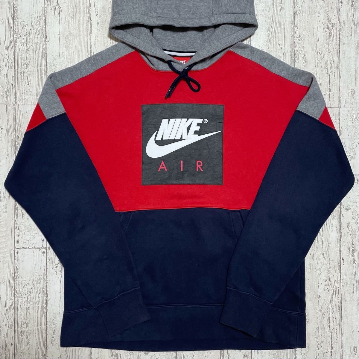 【定番アイテム】ナイキ NIKE スウェットパーカー Mサイズ レッド ネイビー ビッグロゴ 裏起毛 21-227_画像4