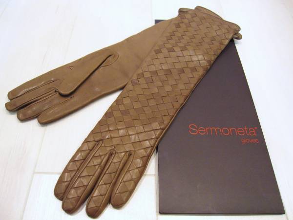 送料無料 Sermoneta gloves セルモネータグローブス ロング 革 手袋 キャメル イントレチャート レザー イタリア製 ITALY 廃版限定品