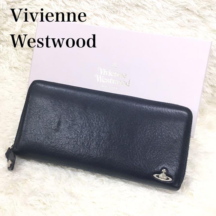 Vivienne Westwood ヴィヴィアンウエストウッド ラウンド長財布 本革 牛革 オーブロゴ 金具シルバーカラー 濃紺色 VWK296 箱付き