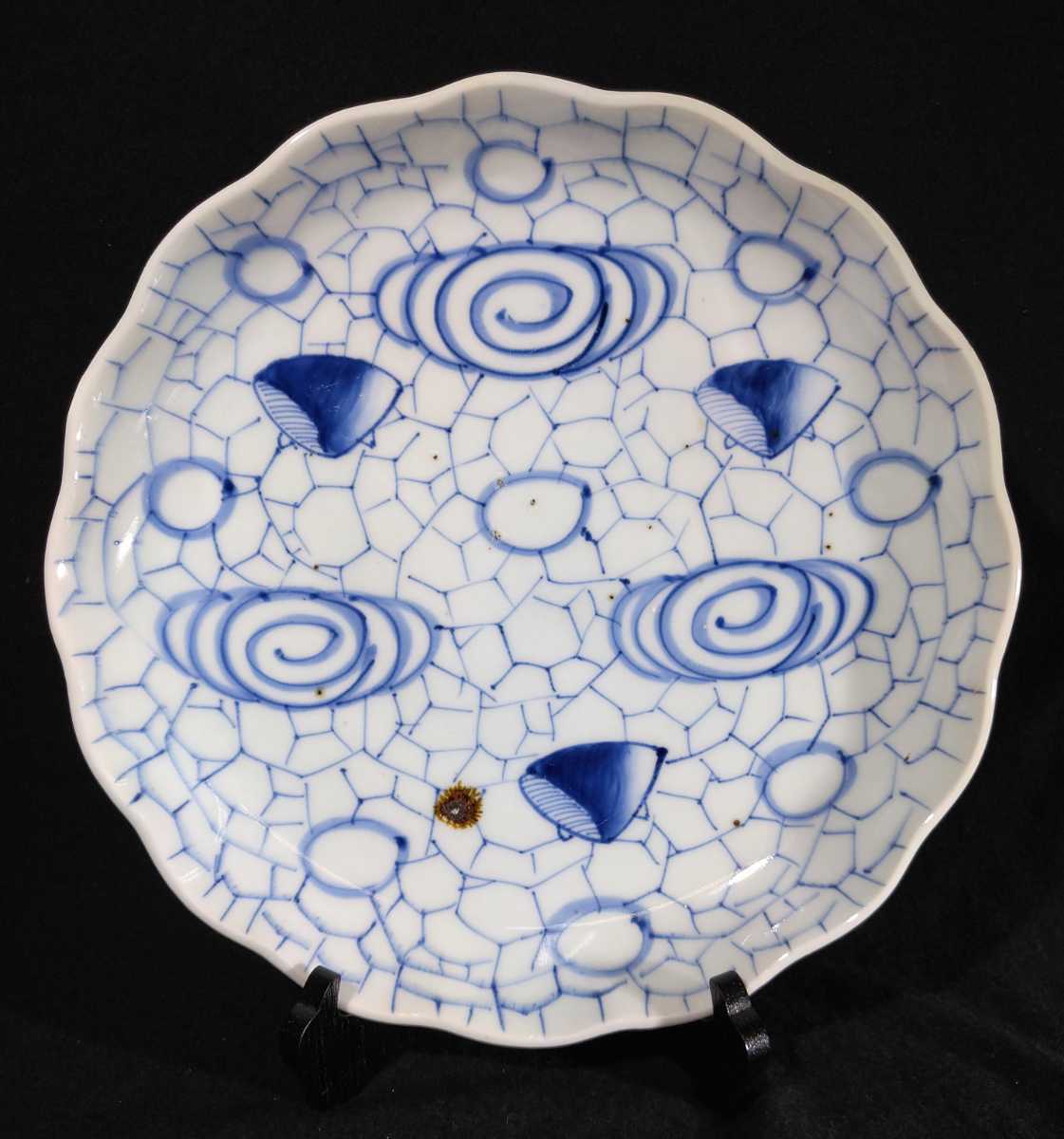 古伊万里 志田窯 染付 氷裂文 貝図 29cm 輪花 大皿 江戸期 b-大6b536