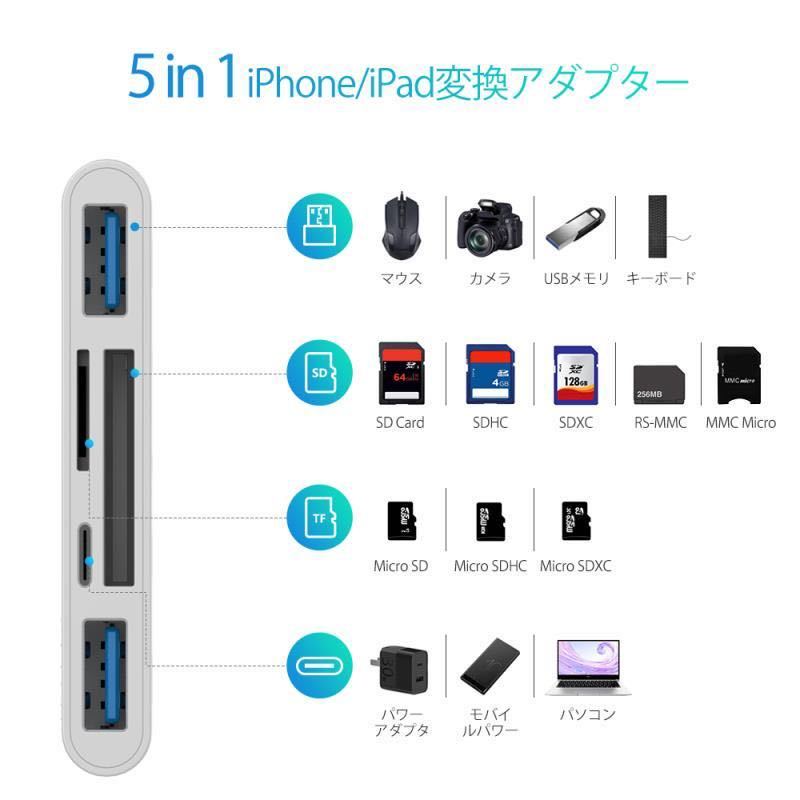 5in1 iPhone SD カードリーダー データ転送 iPhone カードリーダー 書類 読み書き USB カメラ デジカメ 充電 SD MicroSDカードリーダー